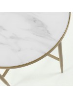 LISA table basse avec structure en métal doré et plateau en verre effet marbre blanc