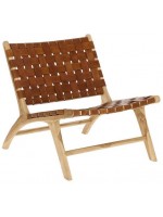 MARIKA vintage armchair in solid wood and strips of brown leather