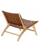 MARIKA vintage armchair in solid wood and strips of brown leather