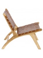 MARIKA vintage armchair in solid wood and strips of brown leather