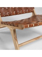 MARIKA Fauteuil vintage en bois massif et lanières de cuir marron