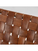 MARIKA vintage armchair in solid wood and strips of brown leather