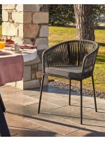 EZIO scelta colore sedia con braccioli in corda in poliestere e struttura in acciaio zincato e cuscino seduta