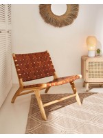 MARIKA vintage armchair in solid wood and strips of brown leather