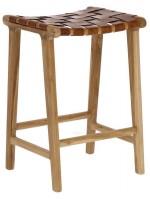 MARIKA vintage stool in solid wood and strips of brown leather