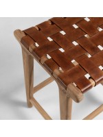 MARIKA vintage stool in solid wood and strips of brown leather