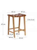 MARIKA vintage stool in solid wood and strips of brown leather