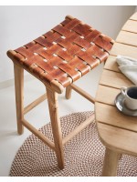 MARIKA vintage stool in solid wood and strips of brown leather