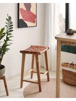 MARIKA vintage stool in solid wood and strips of brown leather