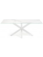 MIRIA Plateau fixe en verre porcelaine 160 ou 180 ou 200 cm et table design pieds acier blanc