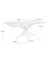 MIRIA Mesa de diseño fija de 160 o 180 o 200 cm sobre de cristal porcelánico y patas de acero blanco