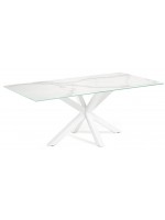 MIRIA Plateau fixe en verre porcelaine 160 ou 180 ou 200 cm et table design pieds acier blanc