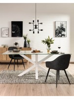 MIRIA Plateau fixe en verre porcelaine 160 ou 180 ou 200 cm et table design pieds acier blanc