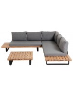 ARISA Corner and coffee table with solid wood structure, aluminum legs and fabric cushions for outdoor