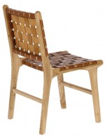 MARIKA Chaise vintage en bois massif et lanières de cuir marron
