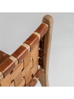 MARIKA Silla vintage de madera maciza y tiras de cuero marrón