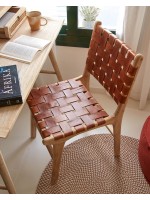 MARIKA sedia vintage in legno massello e strisce di pelle marrone