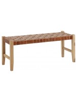 MARIKA Banc vintage en bois massif et lanières de cuir marron