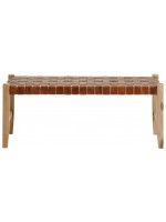 MARIKA vintage bench in solid wood and strips of brown leather
