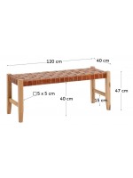 MARIKA vintage bench in solid wood and strips of brown leather