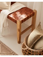 MARIKA vintage bench in solid wood and strips of brown leather