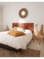 MARIKA Cabecera de cama doble en madera maciza y tiras de cuero marrón de diseño vintage