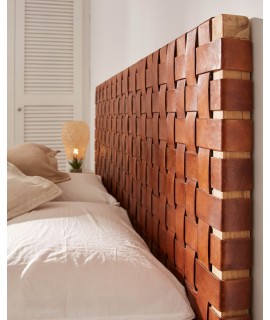 Marika Testata Letto Matrimoniale In Legno Massello E Strisce Di Pelle Marrone Design Vintage