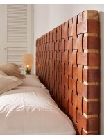 MARIKA Tête de lit double en bois massif et bandes en cuir marron design vintage