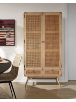 BENNI credenza in legno massello con effetto invecchiato e rattan stile coloniale