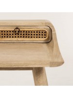 BENNI scrivania in legno massello con effetto invecchiato e rattan stile coloniale