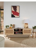 BENNI Mueble TV de madera maciza con efecto envejecido y puertas de mimbre de estilo colonial