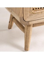 BENNI comodino in legno massello con effetto invecchiato e rattan stile coloniale