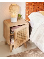 BENNI solid wood bedside table with aged effect and colonial style rattan