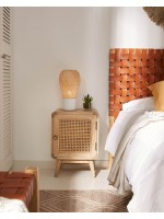 BENNI solid wood bedside table with aged effect and colonial style rattan