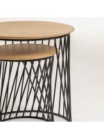 BANDUNG set de 2 tables basses avec plateaux en bois Ø50 et Ø35 et base en métal noir