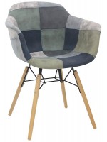 ODETT Fauteuil patchwork marron ou bleu clair en tissu et pieds en bois et mobilier design en métal