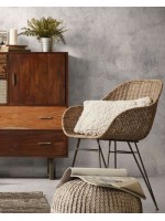 BEVERLY natural rattan and metal frame grey Chair with armrests