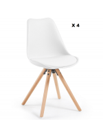 Conjunto de 4 sillas blancas en polipropileno con cojín en ecopiel del mismo color y patas en madera de haya