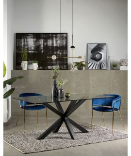 ATLAS 160 o 180 o 200 cm tavolo fisso di design con piano in vetro cristallo e gambe in acciaio nero