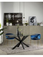 ATLAS Table fixe design 160 ou 180 ou 200 cm avec plateau en verre cristal et pieds en acier noir