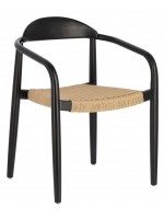 DAILA Chaise avec accoudoirs en corde beige et pieds en bois d'eucalyptus noir design jardin ou terrasse