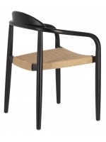 DAILA Chaise avec accoudoirs en corde beige et pieds en bois d'eucalyptus noir design jardin ou terrasse