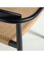 DAILA Chaise avec accoudoirs en corde beige et pieds en bois d'eucalyptus noir design jardin ou terrasse