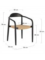 DAILA Chaise avec accoudoirs en corde beige et pieds en bois d'eucalyptus noir design jardin ou terrasse