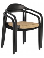 DAILA Chaise avec accoudoirs en corde beige et pieds en bois d'eucalyptus noir design jardin ou terrasse