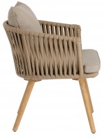 ESTER estructura de sillón en cuerda de aluminio en polietileno patas de madera y cojines en tela para exterior