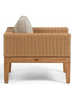 ELISIR rattan armchair with wooden legs and fabric cushions for outdoor