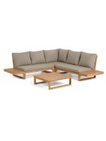 GOLDFINGER mueble de esquina y mesa de centro con estructura de madera maciza y cojines de tela para exteriores