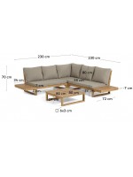 GOLDFINGER corner and coffee table with solid wood frame and fabric cushions for outdoor