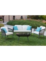 BALI set salotto in alluminio antracite e corda grigia e cuscini ecrù design per esterno o interno